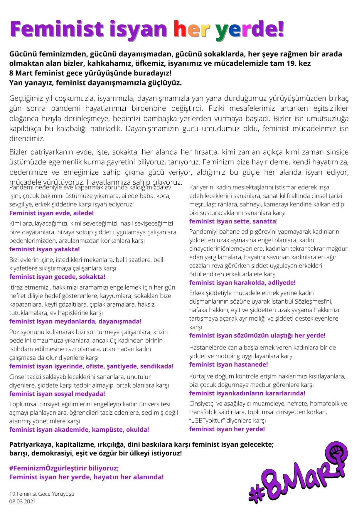 Feminist Gece Yuruyusu Basin Metni Gorsel Turkce