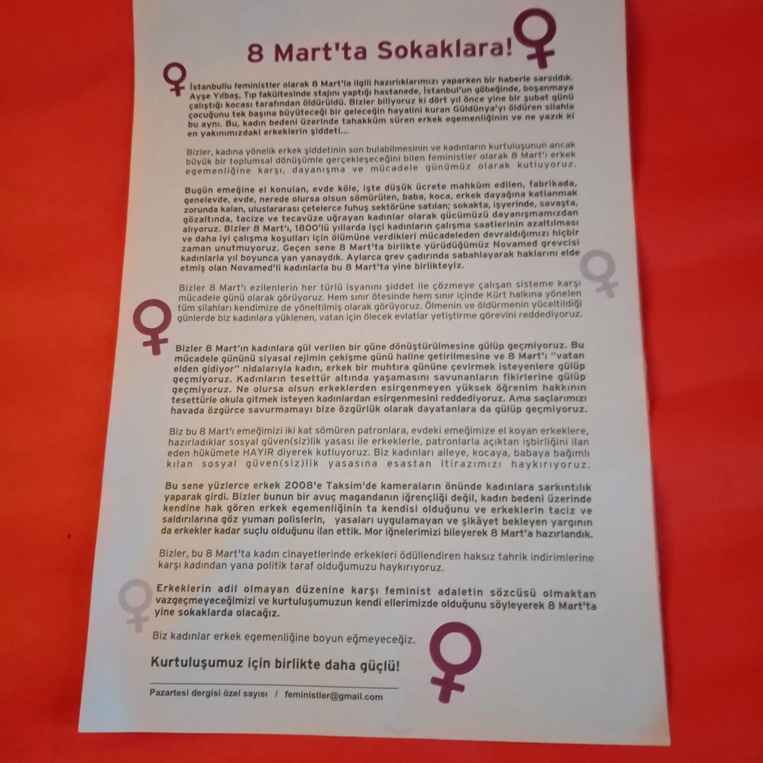 8 Mart Feminist Gece Yürüyüşü / 2008 / Bildiri