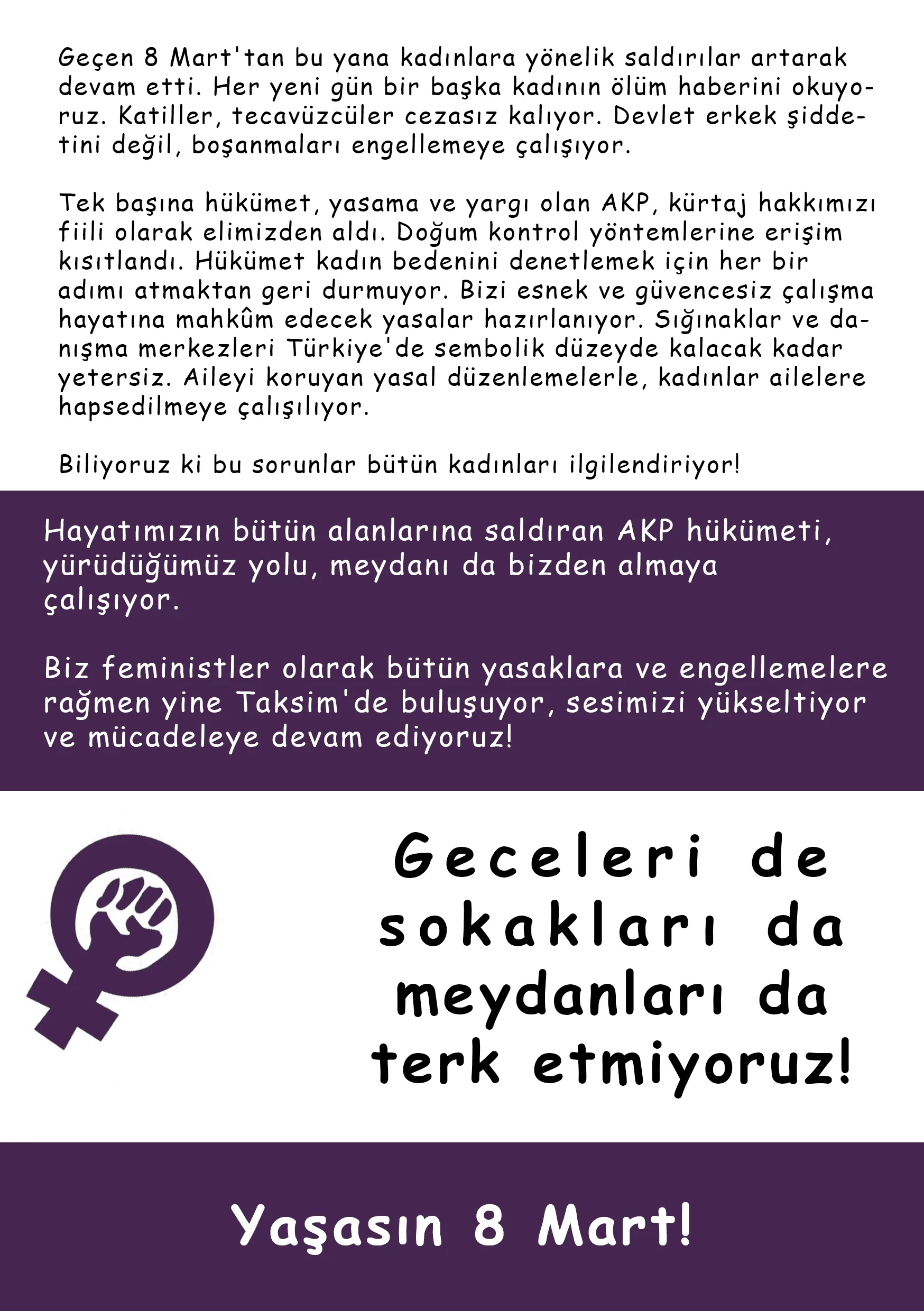 8 Mart Feminist Gece Yürüyüşü / 2014 / Bildiri