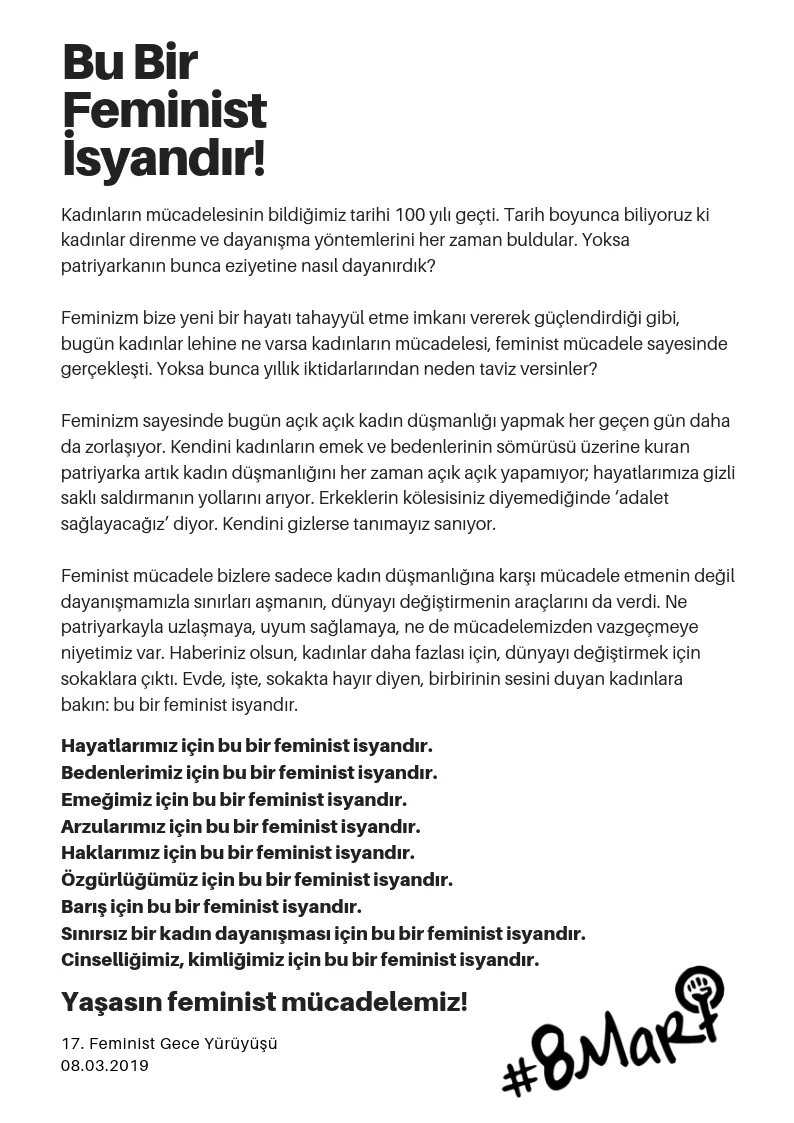8 Mart Feminist Gece Yürüyüşü / 2019 / Basın metni görsel