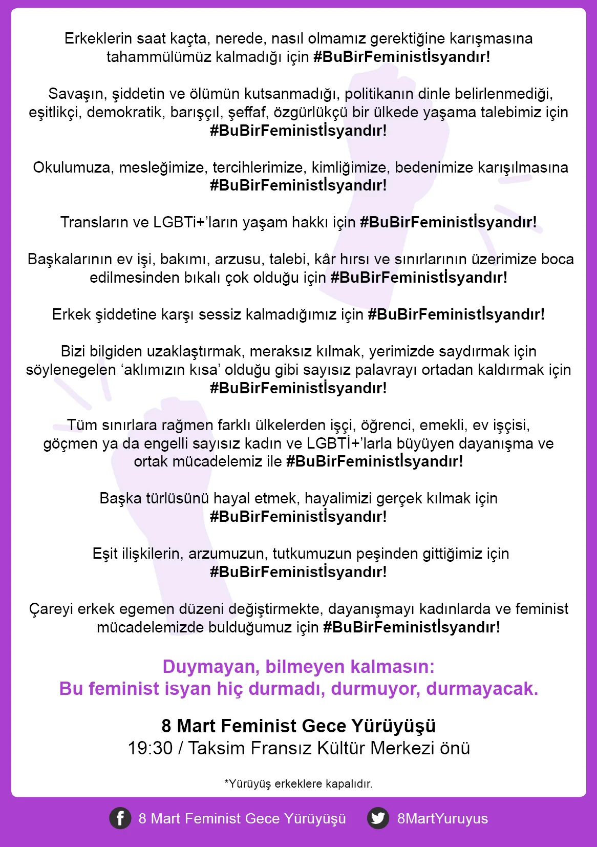 8 Mart Feminist Gece Yürüyüşü / 2019 / Bildiri görsel