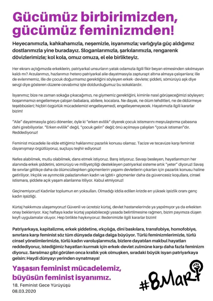 8 Mart Feminist Gece Yürüyüşü / 2020 / Basın metni görsel