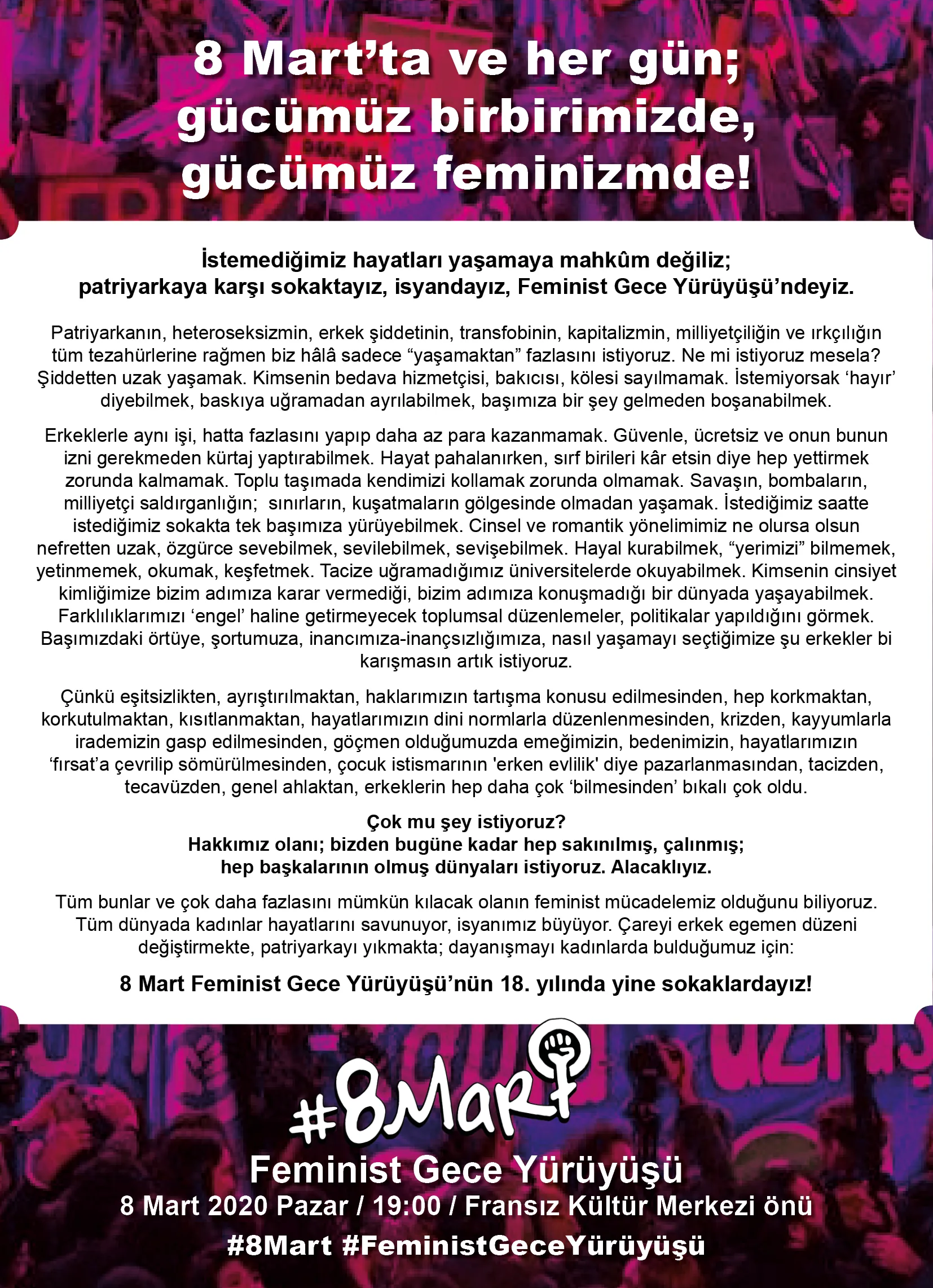 8 Mart Feminist Gece Yürüyüşü / 2020 / Bildiri görsel