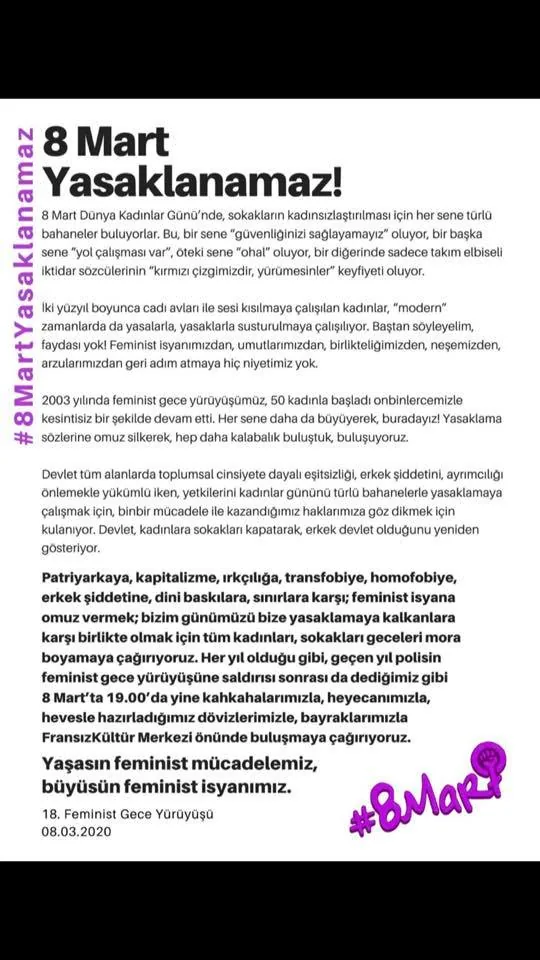 8 Mart Feminist Gece Yürüyüşü / 2020 / Yasaklanamaz metni görsel